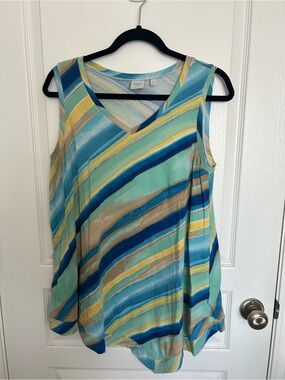 Rafaella Striped V-Neck Sleeveless Tank - Blue/Teal/Yellow/Tan